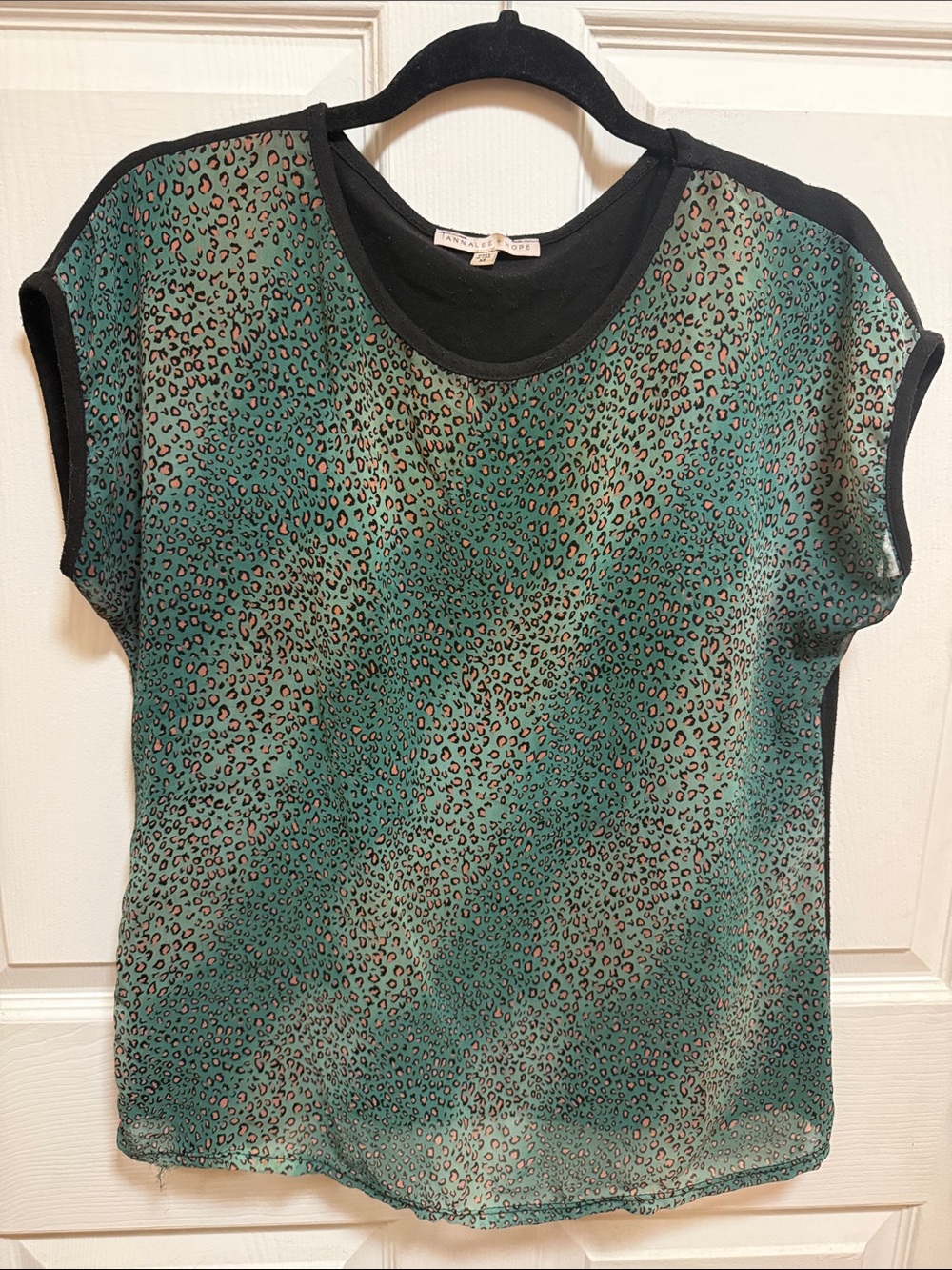 Annalee + Hope Teal Leopard Print Cap-Sleeve Blouse with Black Trim
